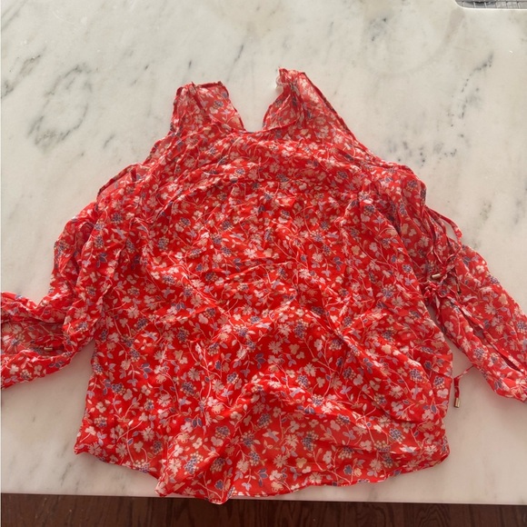 Veronica Beard- Red Floral Flynn Bow Longsleeve Cutout Silk Blouse Top - Picture 7 of 7